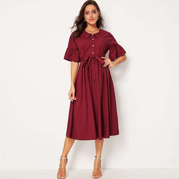 

Peter-pan-collar Bell Sleeve Self Belted Shirt Dress, Burgundy