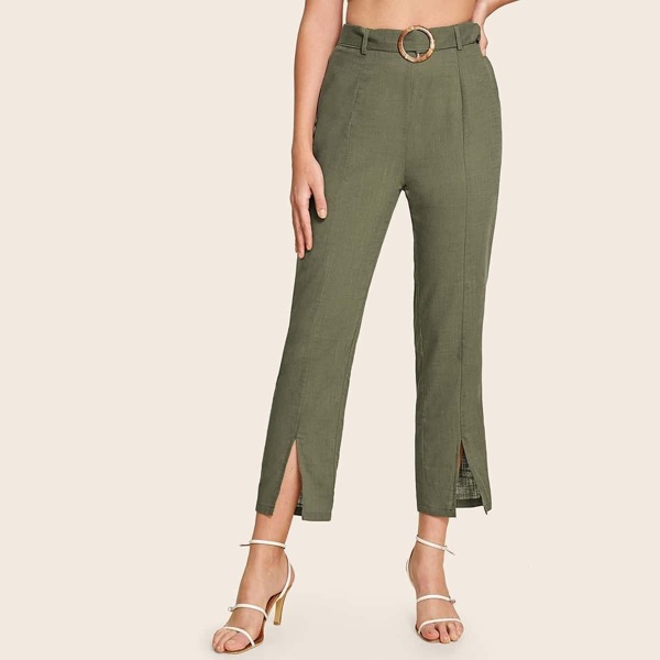 

Seam Front Split Hem Crop Pants With O-ring Belt, Army green