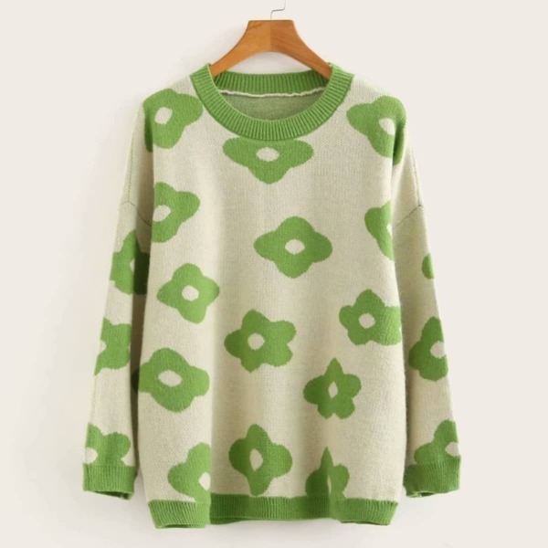 

Flower Print Contrast Trim Sweater