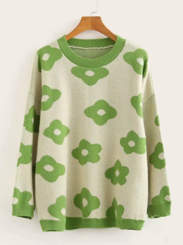 

Flower Print Contrast Trim Sweater, Multicolor