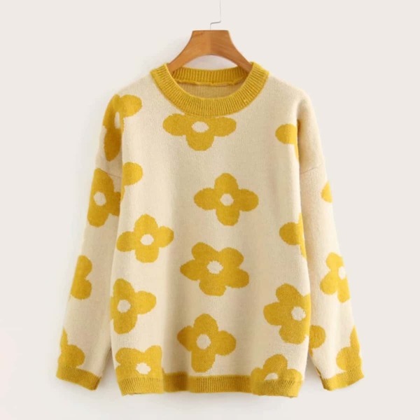 

Flower Print Contrast Trim Sweater