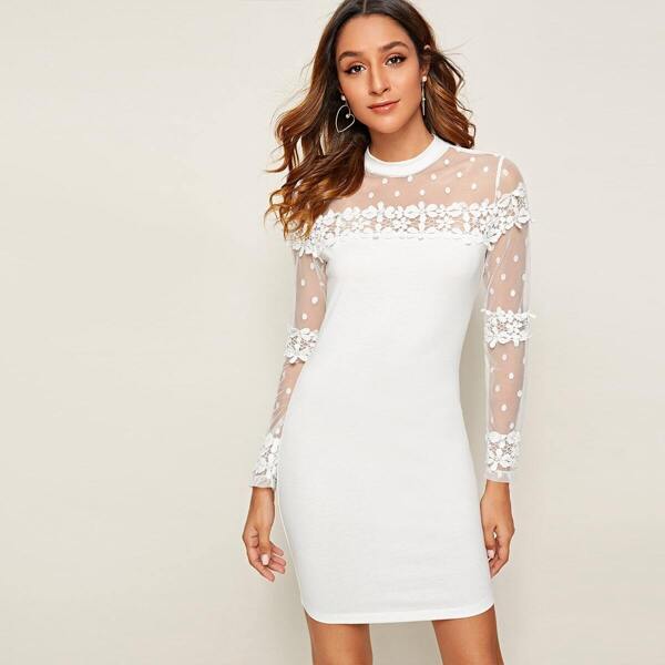 

Mock-neck Guipure Lace Trim Dobby Mesh Shoulder Bodycon Dress