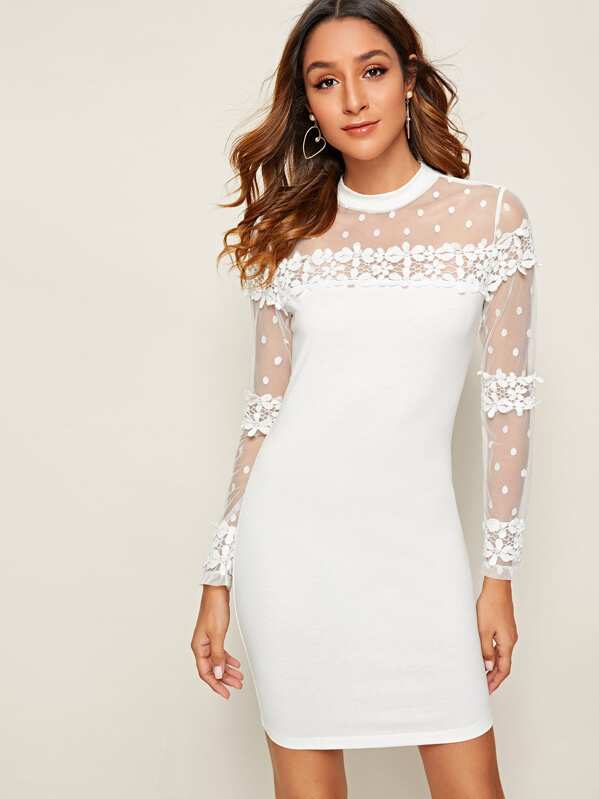 

Mock-neck Guipure Lace Trim Dobby Mesh Shoulder Bodycon Dress, White, Gabi B