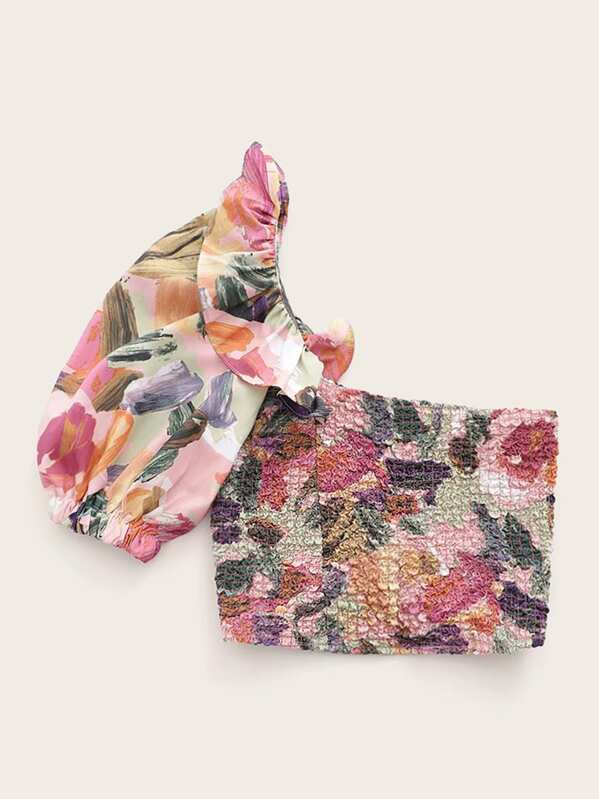 

Brushstroke Print One Shoulder Crop Top, Multicolor