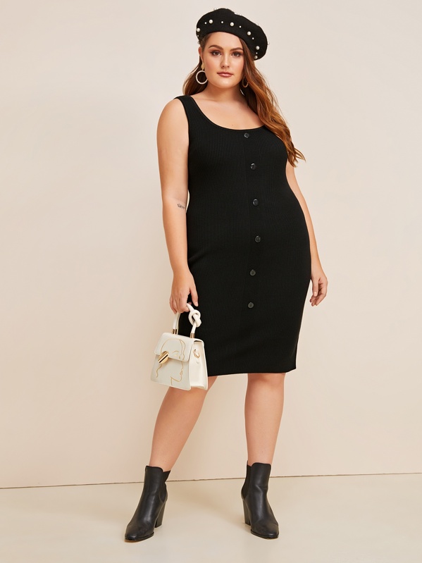 

Plus Button Front Rib-knit Tank Dress, Black, Gabriela B