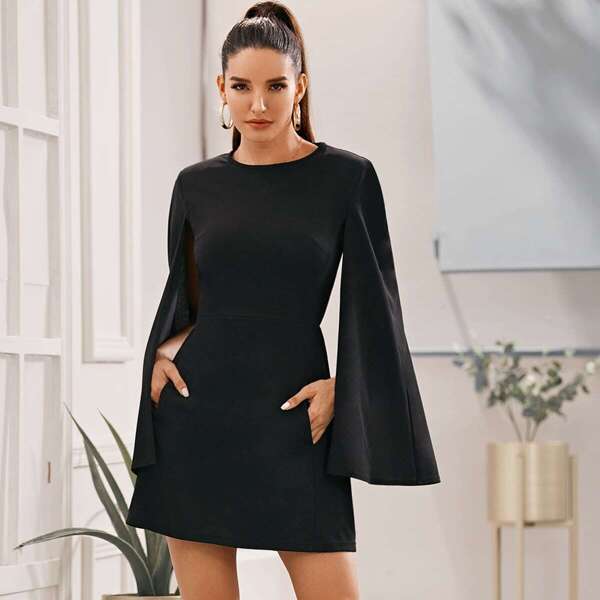 

Cloak Sleeve Pocket Side Dress Without Belt, Black