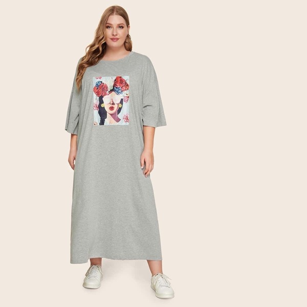 

Plus Drop Shoulder Figure Print Tunic Dress