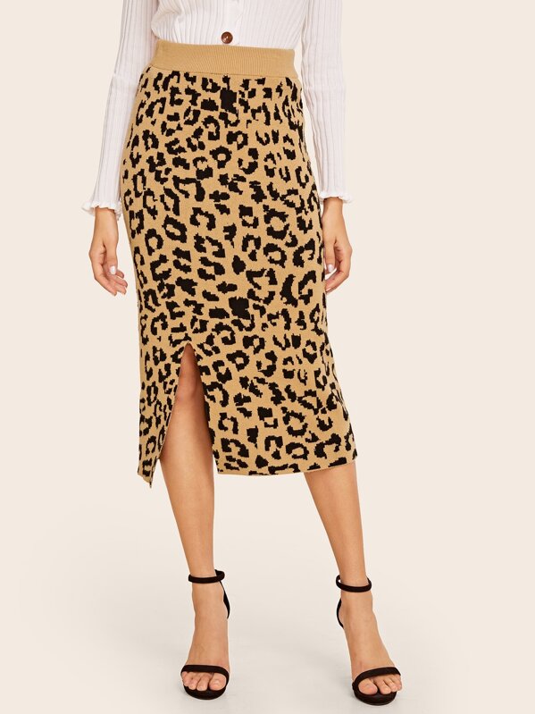 

Leopard Print Slit Hem Sweater Skirt, Multicolor, Carol A