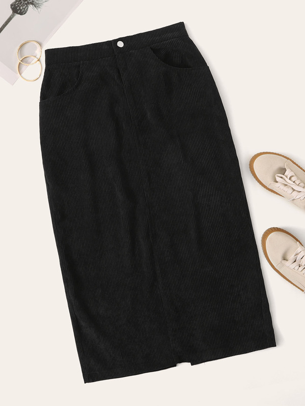 

Split Back Pencil Corduroy Skirt, Black, Layson