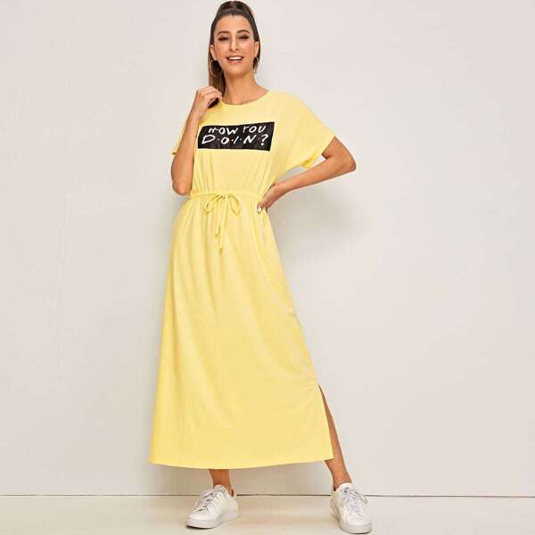 

Slogan Graphic Drawstring Waist Split Side Dress, Yellow pastel