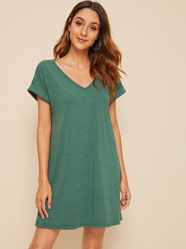 

Solid Roll Up Sleeve T-shirt Dress, Green, Gabi B