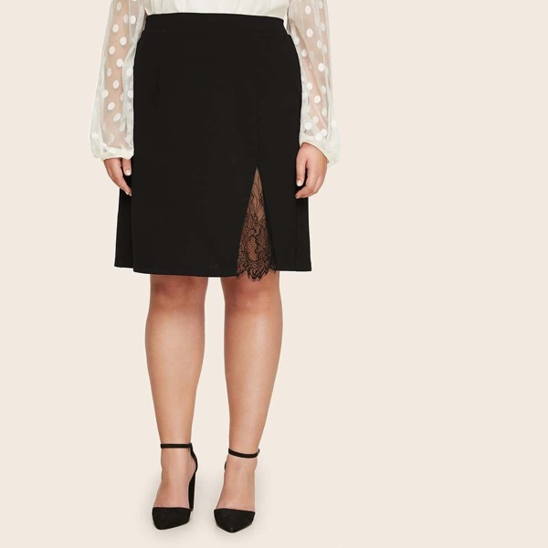 

Plus Solid Lace Insert Skirt, Black