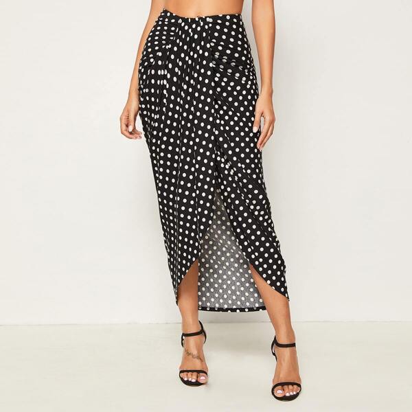 

Polka-dot Split Thigh Wrap Skirt, Black