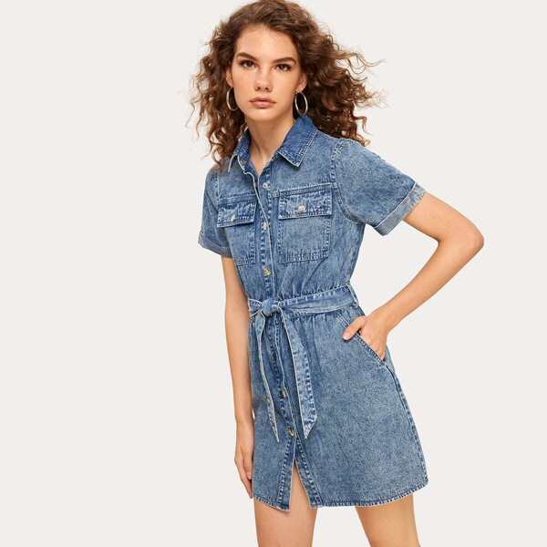 

Pocket Side Belted Denim Shirt Dress, Blue