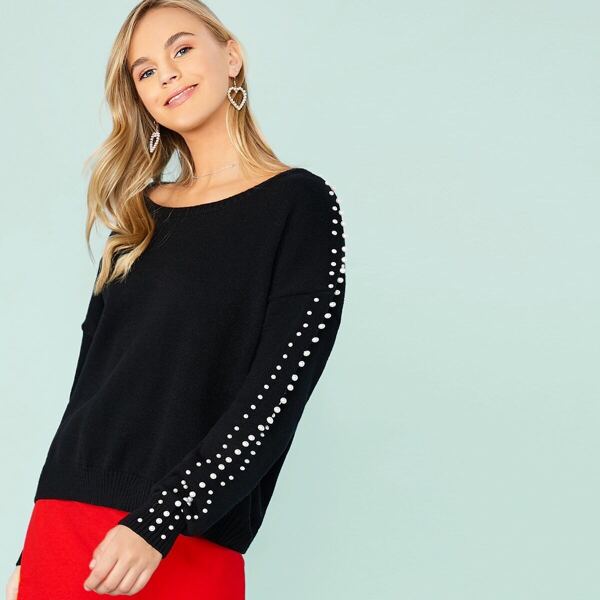 

Drop Shoulder Pearls Beaded Sweater, Black