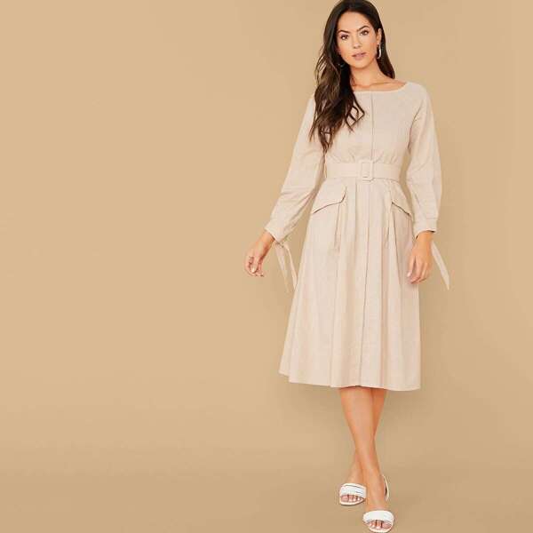 

Knotted Sleeve Flap Belted Dress, Beige