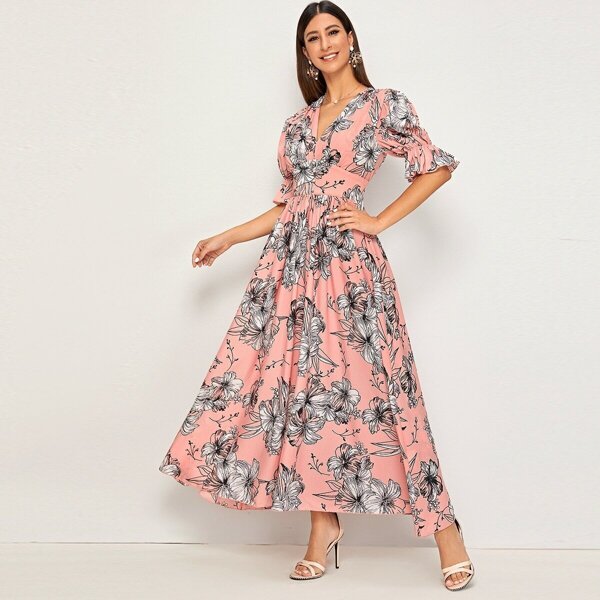 

Botanical Print Flounce Sleeve Wide Waistband Dress, Pink pastel