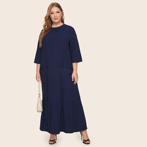

Plus Solid Patch Pocket Ruffle Hem Dress