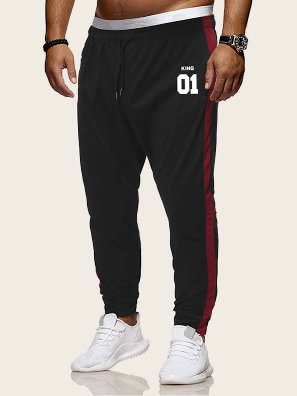 Men Contrast Panel Drawstring Sweatpants, Black