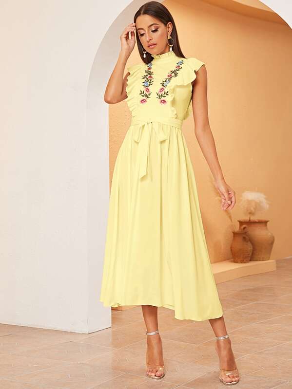 

Frilled Neck Ruffle Trim Embroidered Belted Dress, Yellow, Mary P.
