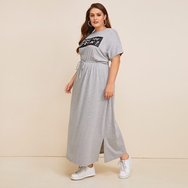 

Plus Drawstring Waist Slogan Graphic Slit Side Dress, Grey