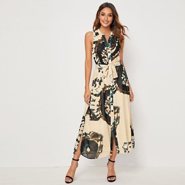 

Slit Hem Tie Dye Belted Shirt Dress