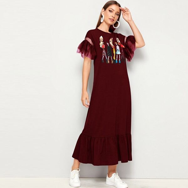 

Mesh Trim Knot Front Figure Print Flounce Hem Dress, Burgundy