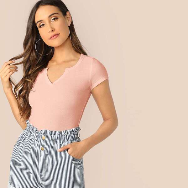 

Solid Notched Neck Fitted Top, Pink pastel