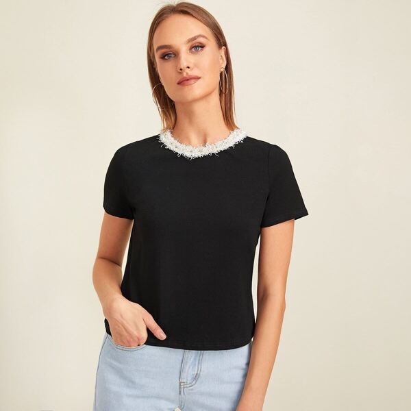 

Keyhole Back Pearls Beaded Contrast Neck Tee