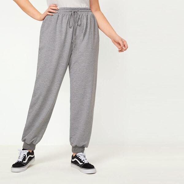 Plus Drawstring Waist Solid Sweatpants, Grey
