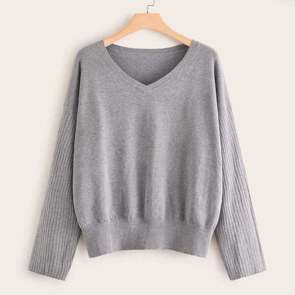 

Plus V-neck Drop Shoulder Jumper, Grey