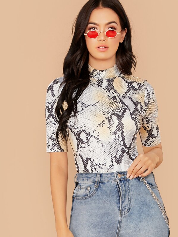 

Mock Neck Snakeskin Print Top, Multicolor, Rona Mahal
