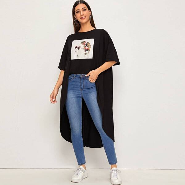 

Figure Print Dip Hem Top, Black