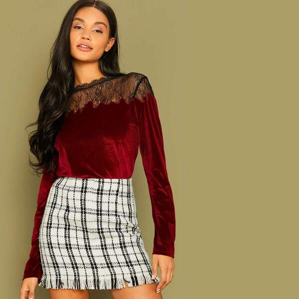 

Lace Yoke Velvet Top, Burgundy