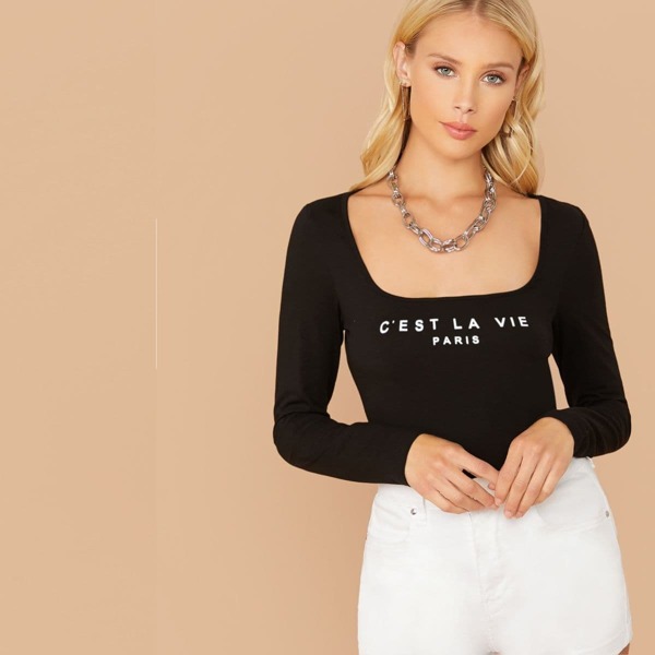 

Square Neck Slogan Graphic Tee, Black