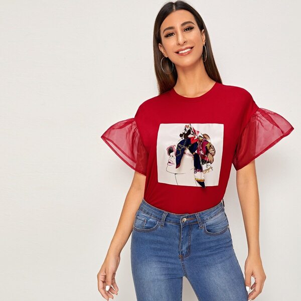 

Organza Sleeve Bow Detail Figure Graphic Top, Red bright