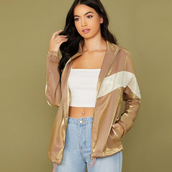 

Shimmering Color Block Zip Front Jacket, Multicolor