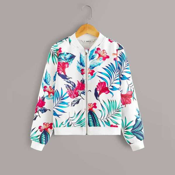 

Girls Tropical and Floral Print Bomber Jacket, Multicolor