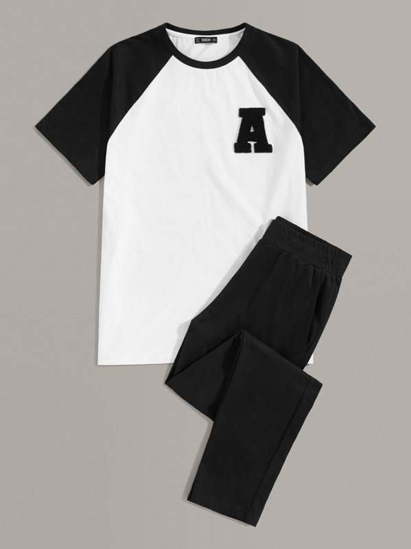 

Men Letter Applique Raglan Sleeve Tee and Pants PJ Set, Black and white