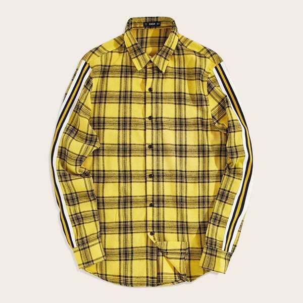 

Men Striped Tape Side Plaid Shirt, Yellow bright