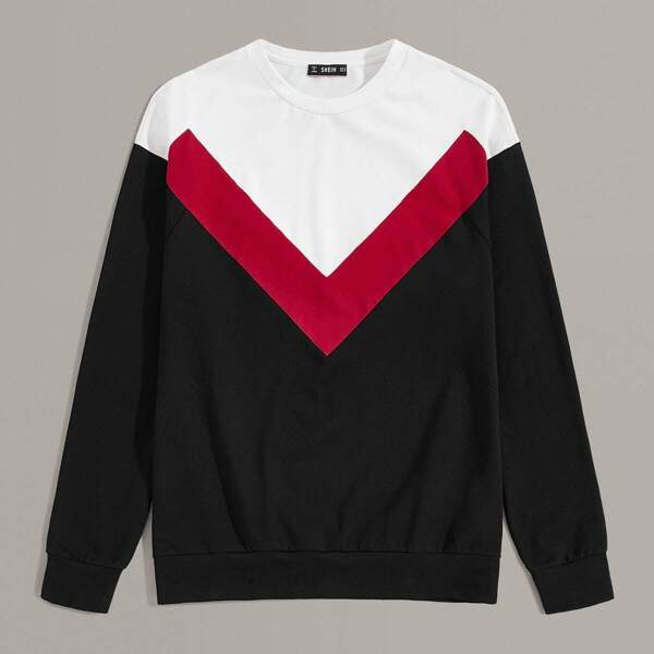 

Men Cut-and-sew Chevron Pullover, Black and white