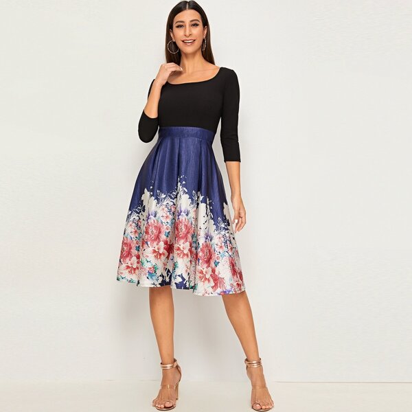 

Botanical Print Fit & Flare Pleated Combo Dress, Multicolor