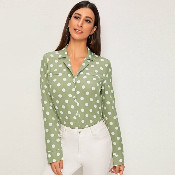 

Polka Dot Notch Neck Shirt, Green pastel