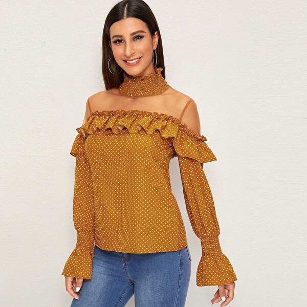 

Shirred Neck Mesh Yoke Ruffle Top, Yellow