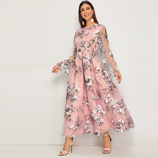 

Bell Sleeve Pleated Floral Organza Overlay Dress, Pink pastel