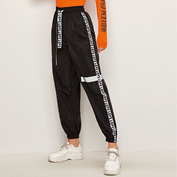 

Letter Tape Detail Drawstring Waist Wind Pants, Black
