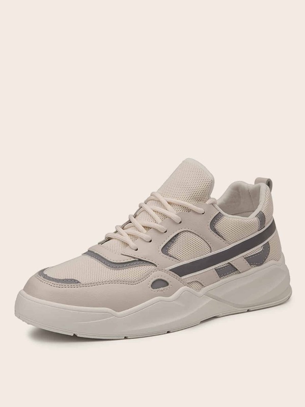 

Men Lace-up Front Mesh Panel Trainers, Beige