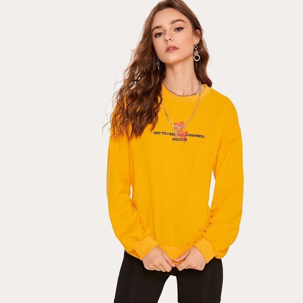 

Drop Shoulder Letter And Rose Print Sweatshirt