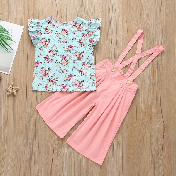 

Toddler Girls Ditsy Floral Print Top With Pinafore Pants