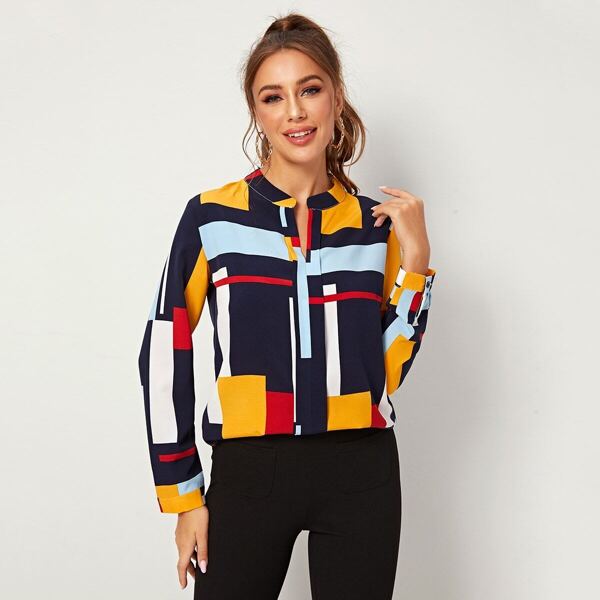 

Notched Neck Colourful Patchwork Blouse